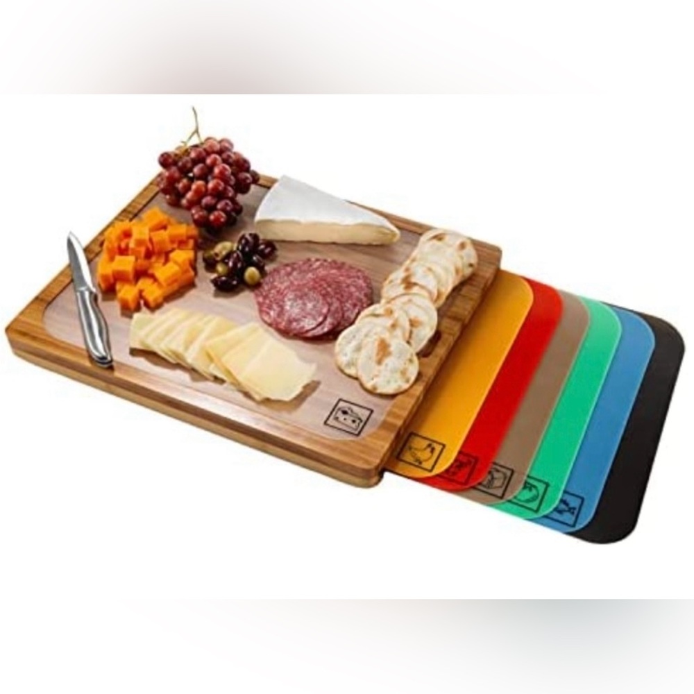 NEW Classic Wood Cutting board serving tray w/7 color-coded cutting mats stored